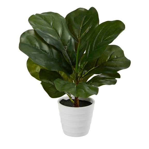 Nearly Natural 11" Fiddle Leaf Artificial Plant in White Planter (Real Touch), Green
