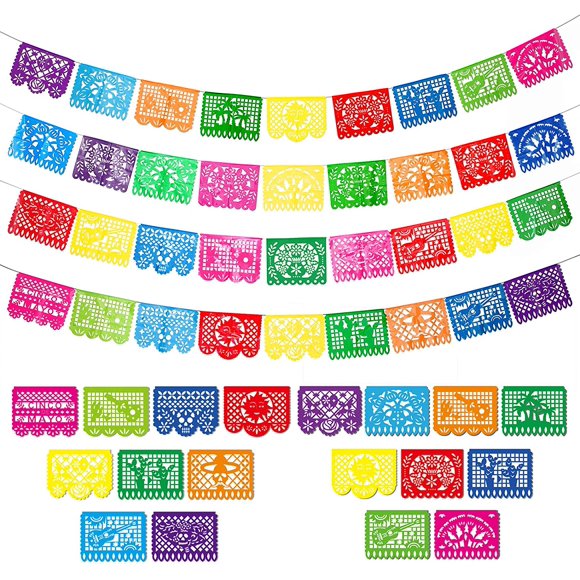 4 Packs Mexican Party Banner 60 Feet Fiesta Plastic Papel Picado Banner Cinco de Mayo Dia De Los Muertos Decor Day of The Dead Decorations Mexican Fiesta Themed Party Decorations Supplies