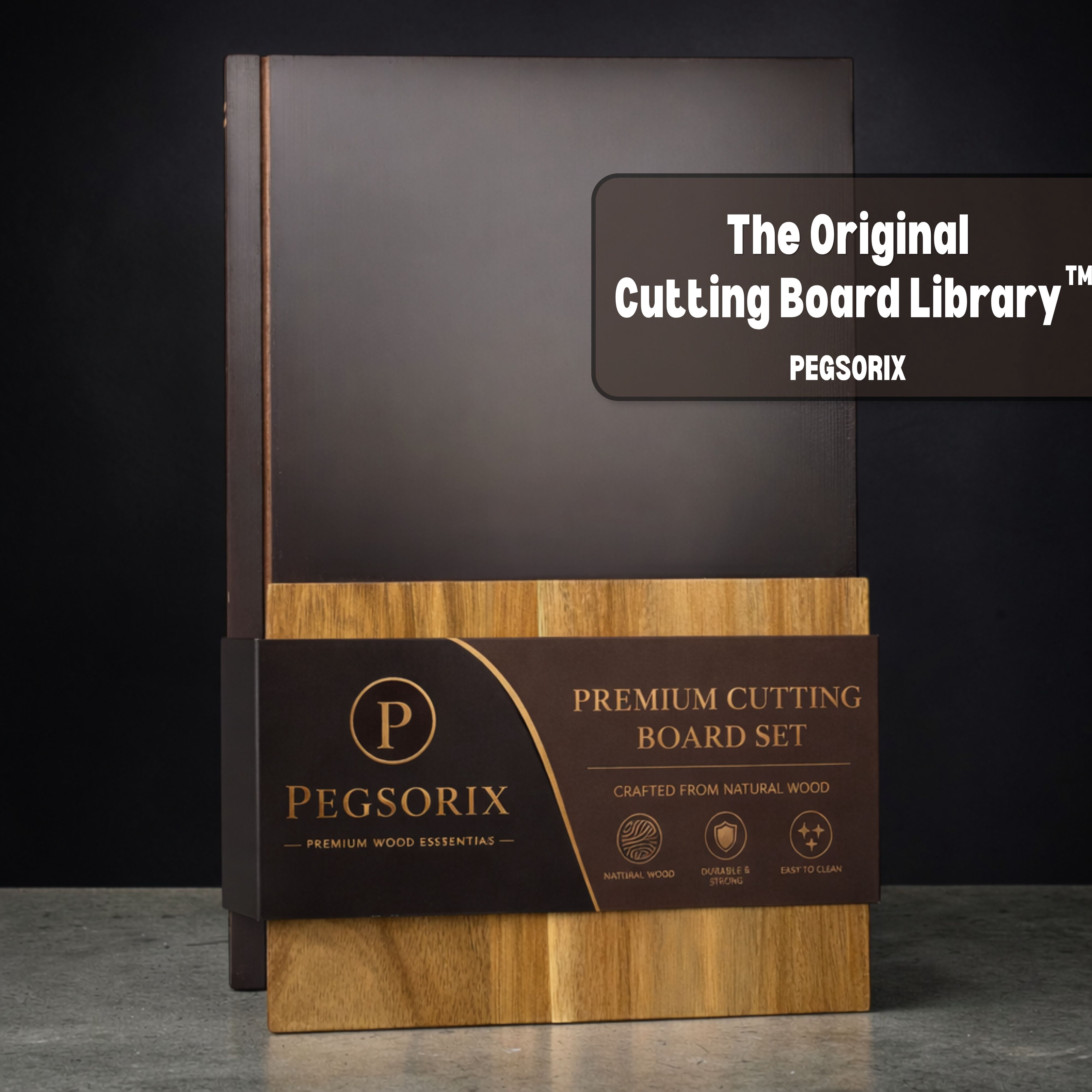 The Cutting Board Library | 100% Acacia Wood | Set of 3 Decorative and Functional Cutting Boards with Wooden Stand | Fruits, Vegetables, Meat, Fish, Cheese and Bread | Statement Piece for Countertop