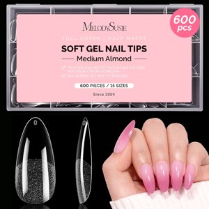MelodySusie Medium Almond Nail Tips, 600 Pieces, 15 Sizes