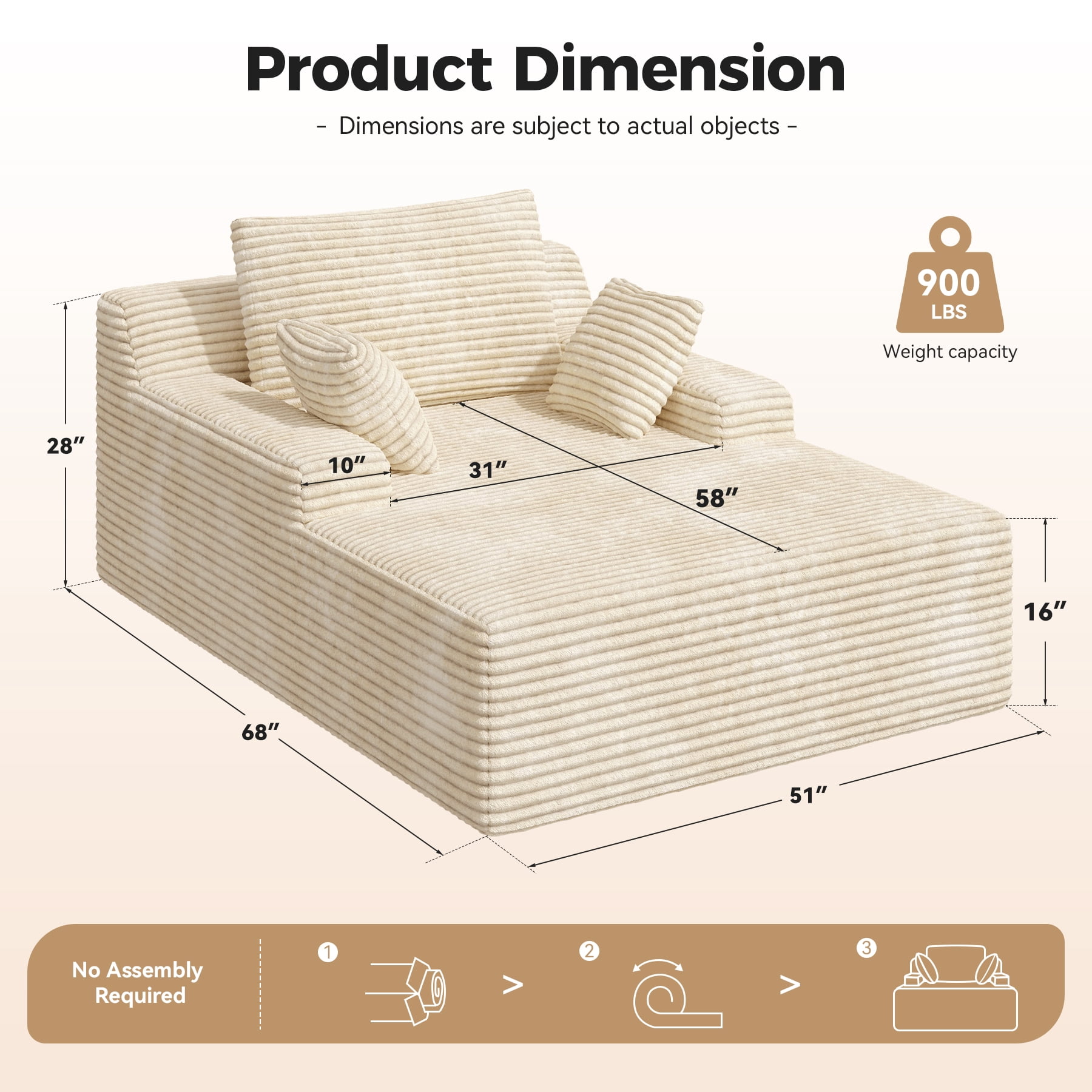 MOONMISS 68" Oversize Chaise Lounge Chair Indoor,Comfy Non-assembly Sofa Couches With 3 Pillows,Khaki