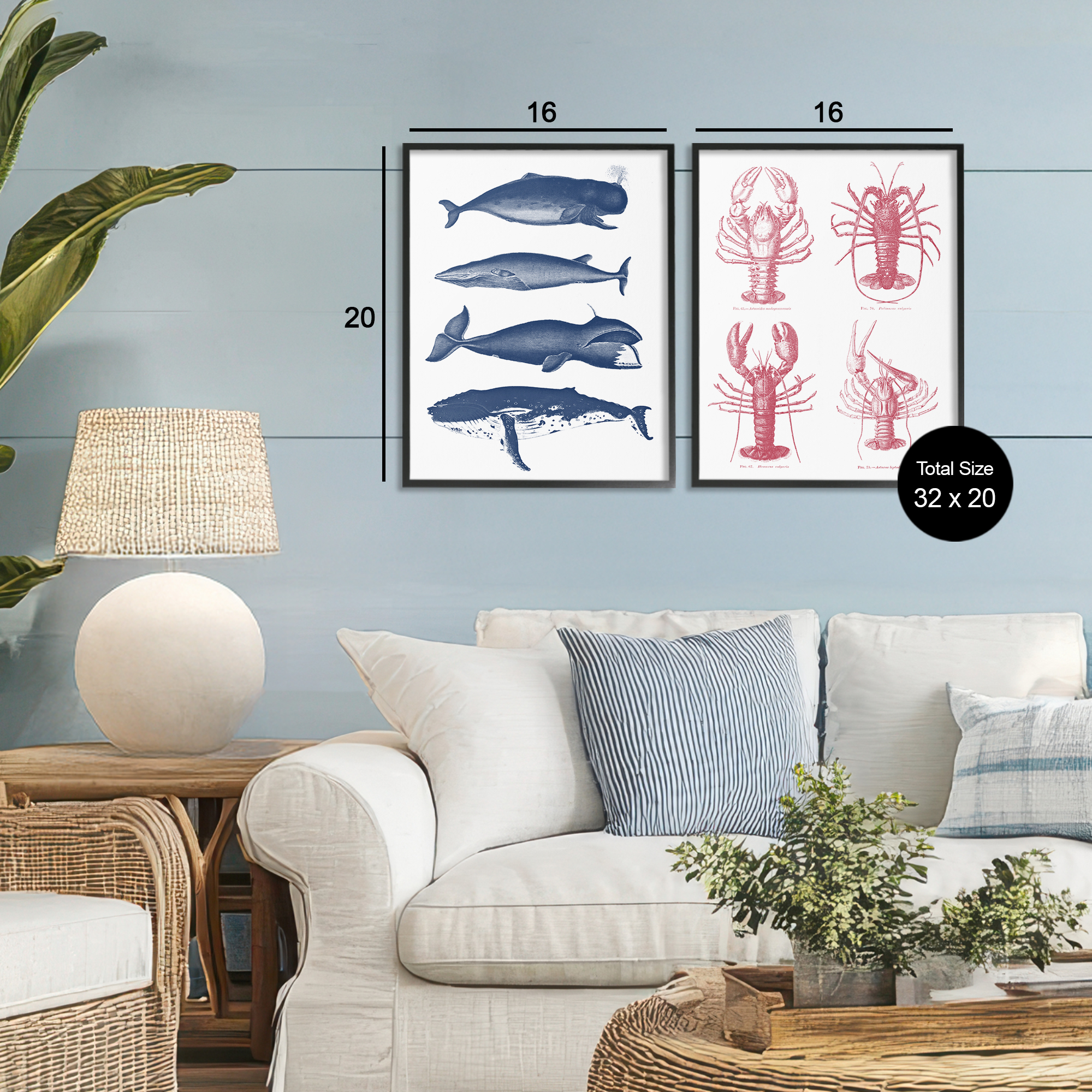Marine Whales & Lobsters 2 Piece Black Framed Giclee Art Set, design by Lettered and Lined