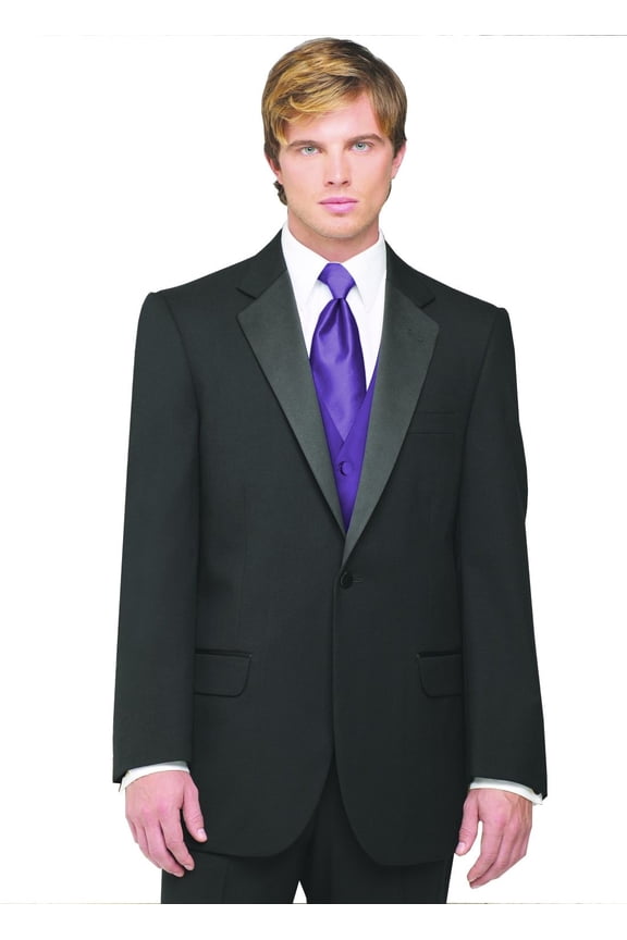 7-Piece Formal Tuxedo with Flat Front Pants, Shirt, Purple Vest, Tie & Cuff Links. Prom, Wedding, Cruise