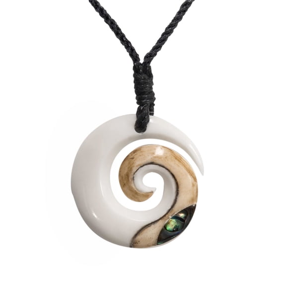 81stgeneration Hand Carved Koru Real Bone Pendant with Genuine Abalone Shell - Black Cord Hawaii Necklace - Maori Style Jewelry - Round Spiral Swirl Surfer Necklace for Men - Natural Accessories