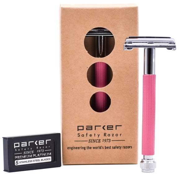 Parker Safety Razor 29L Long Handle Butterfly Open Double Edge Safety Razor & 5 Parker Blades - Pink