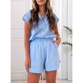 thumbnail image 4 of Women Summer Two Piece Outfits Short Sleeve Button Shirt Shorts Cute Sets Vacation Daily Wear Light Blue M, 4 of 7