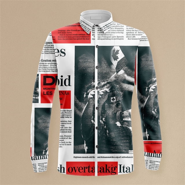 Camisa informal de manga larga con botones de poliéster, estampado de periódico, talla XL, para uso diario