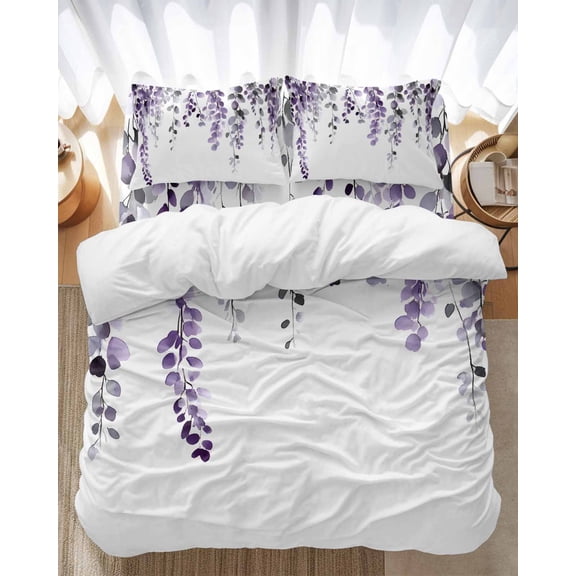 Dark Purple Bedding Duvet Cover Set Full Size 4 Pieces Eucalyptus Leaves Watercolor Plants Country Bedding Set with Zipper Closure, 1 Comforter Cover 86x86 Inches 1 Flat Sheet & 2 Pillow Cases