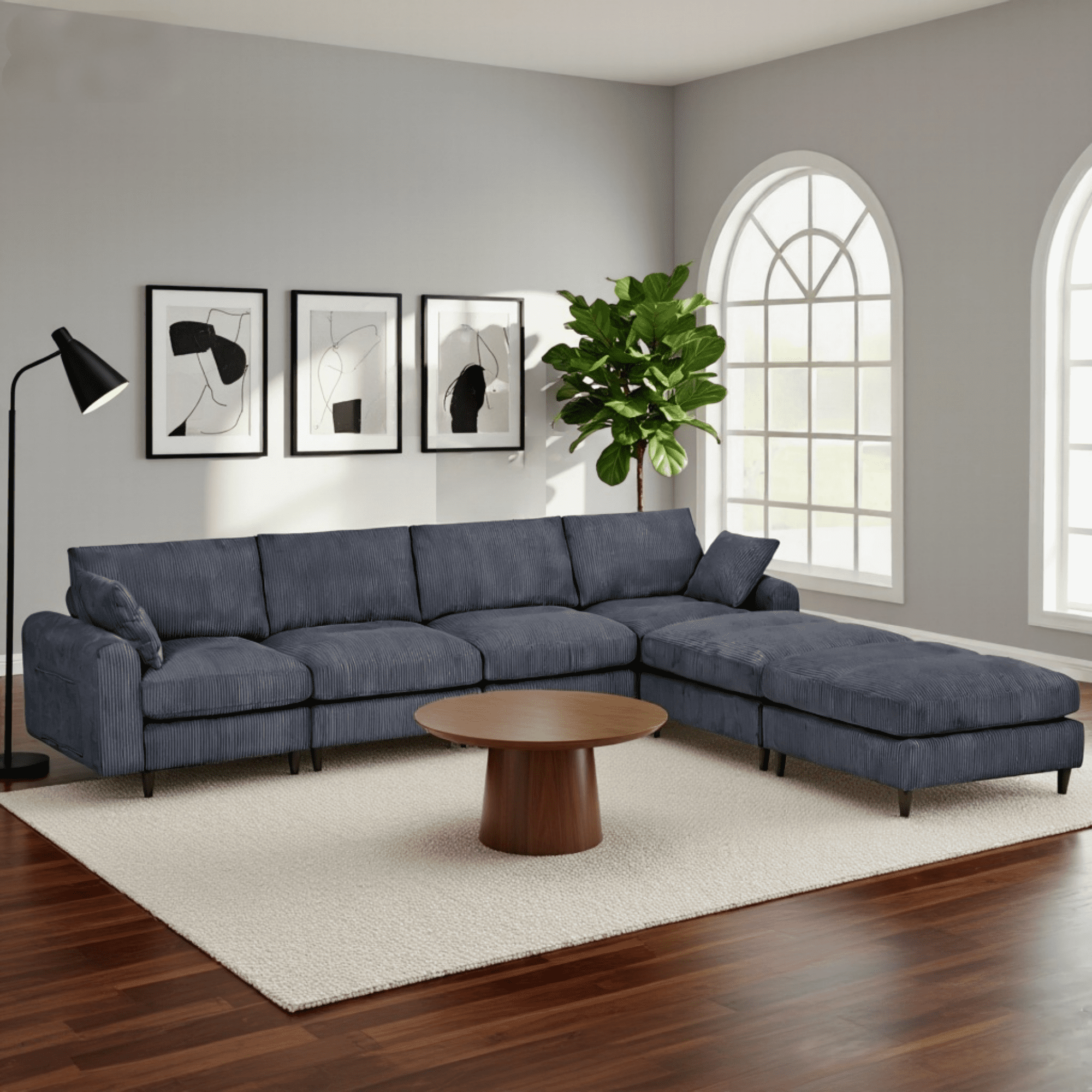 BSHTI Modern 6-Seat Corduroy Modular Sectional, U-Shape Convertible Couch with Ottoman, with Adjustable Head Pillows and Storage Pockets, Grey
