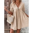 thumbnail image 4 of Womens Summer Casual Short Sleeve Dresses A Line Bow-Knot Tie Front Babydoll Loose Cute Mini Dress Khaki S, 4 of 10