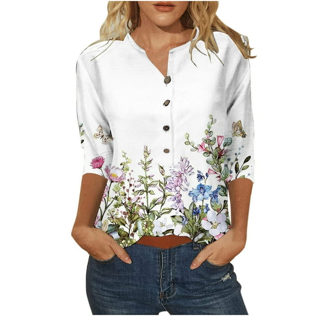 Pompotops Blouse Mode Femme Manches Trois-Quarts Col Rond Rétro Imprimé de Pâques Ample