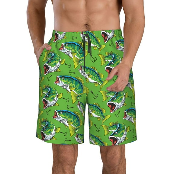Logiee large mouth green color bass fish Print Mens Swim Trunks Quick Dry Board Shorts,Breathable Hawaii Beach Shorts Swimwear Bathing Suits-Small