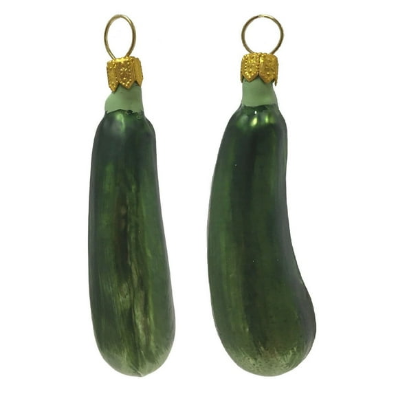 Green Zucchini Squash Polish Glass Christmas Ornament Fruit Vegetable Set of 2