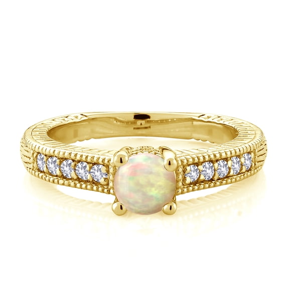 Gem Stone King 18K Yellow Gold Plated Silver White Ethiopian Opal and White Created Sapphire Women's Solitaire Ring with Accent Stones (0.45 Cttw, Round Cabochon 5MM, Size 9)