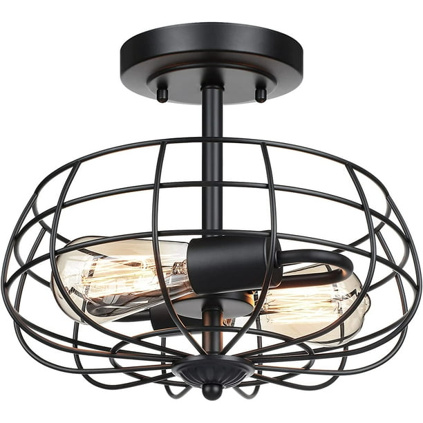 Semi Flush Mount Ceiling Light Fixture, 2Light Industrial Ceiling Light with Metal Cage, Matte