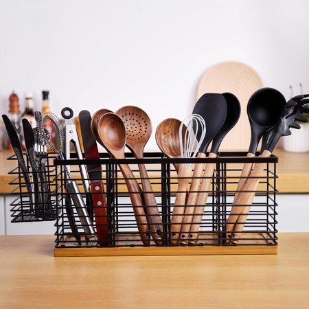 Utensil holder for Kitchen Counter - 15.7" x 4.3" x 6.9"Large Round Utensils Holder with Wooden Base Matte Black Cooking Utensil Holder，Kitchen countertop Utensil Organize (Comes with Small Basket)