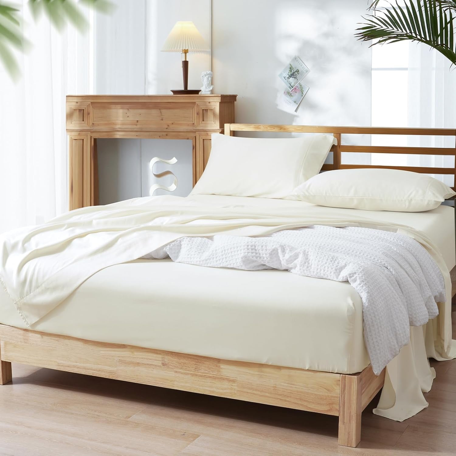 PHF Bamboo Bed Sheet Sets, 4 Pieces King Silky Soft Bedding Sheets, 1800 Thread Count 16 Inch Deep Pockets, Cream