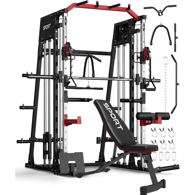 Smith Machine Home Gym – Multi-Function with Adjustable Bench – Power Rack, Squat Cage & Dual Cable System – Compact Full-Body Strength Training – Red & Black