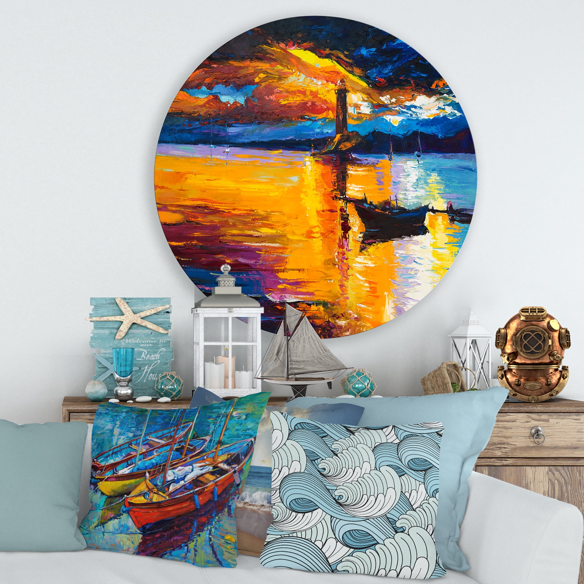 Designart 'Little Boat By Lighthouse During Evening Glow' Nautical & Coastal Circle Metal Wall Art 29x29 - Disc of 29
