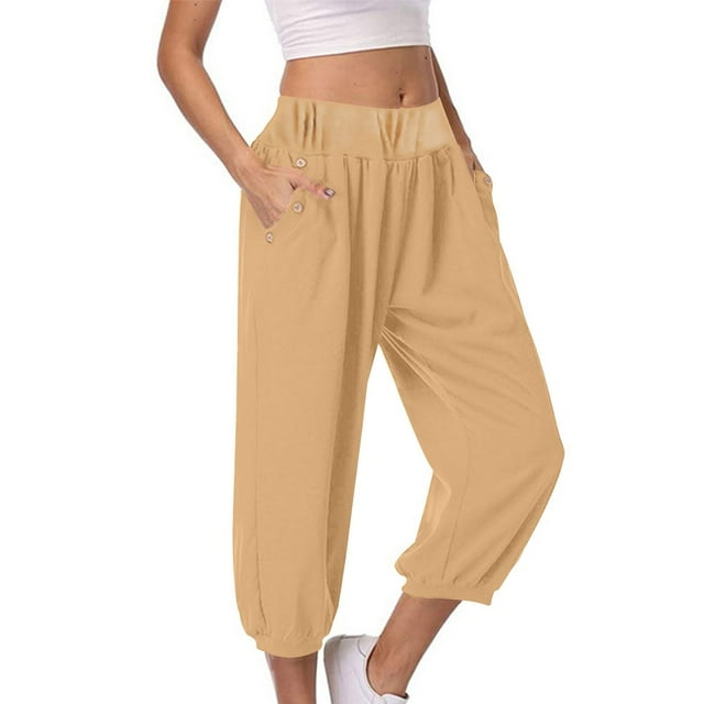Pantalon de Jogging Beige pour Femmes, Sport, Yoga, Brunch, Extensible, Coupe Ample, Capri, Taille Haute, Jambe Droite, Uni, Bas Côtelé, Automne Été 2025, Vêtements Tendance, TTG