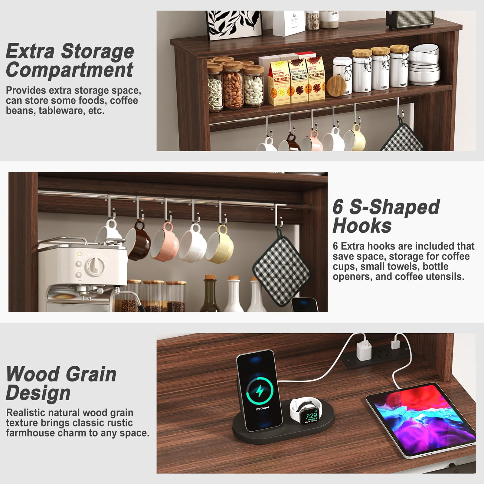ChVans 55.1" H Farmhouse Coffee Bar Cabinet with Storage Hutch, Kitchen Wood Coffee Bar Station with Charging Station & 6 Hooks & Adjustable Shelf and Sliding Barn Door for Kitchen, Living Room