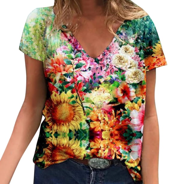 Gibobby Blusa Sexy Cuello en V Camiseta suelta informal con cuello en V para mujer, blusa manga corta con estampado(Verde,G)