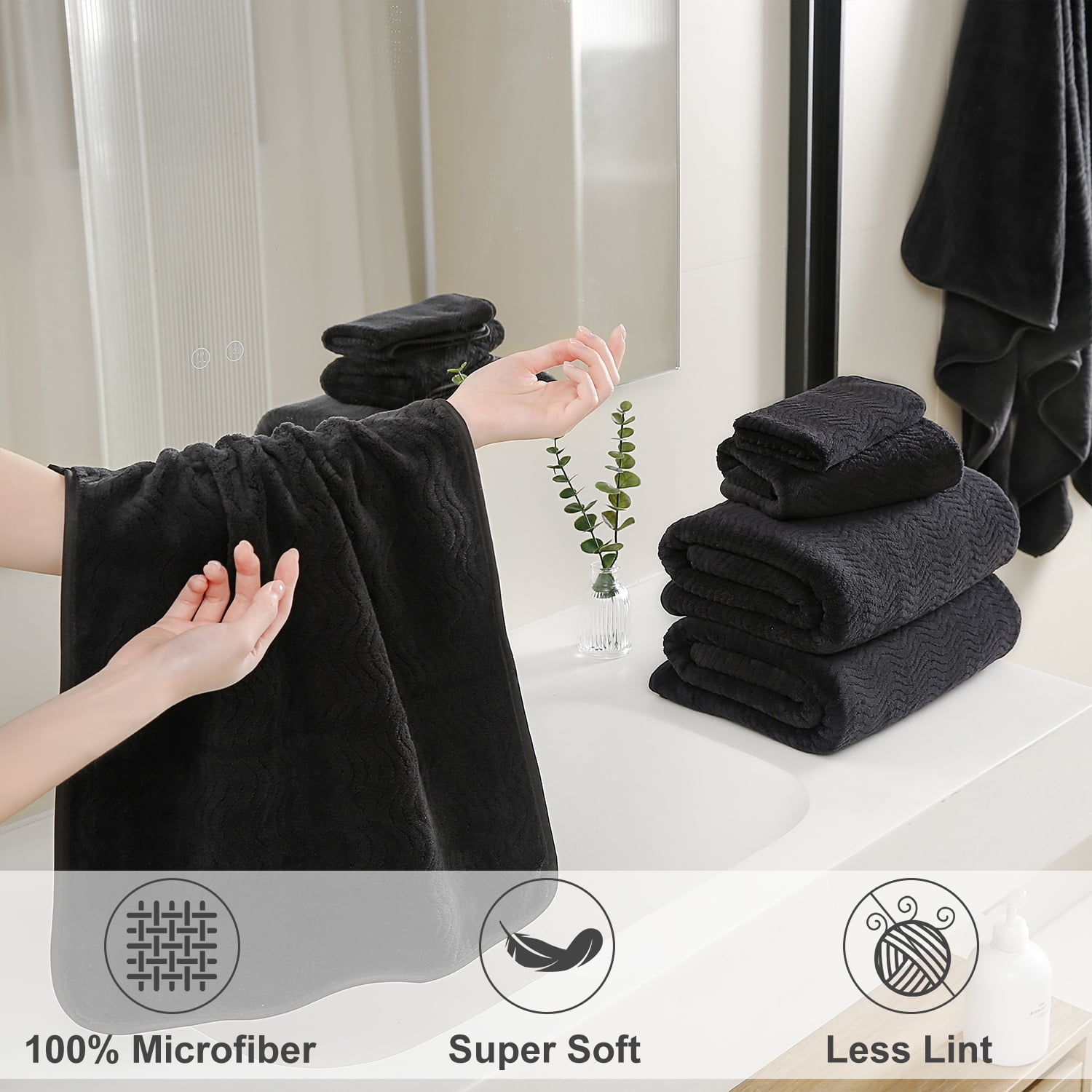Beartech 8 Piece Microfiber Bath Towel Set ,2 Oversized Bath Sheet,2 Hand Towels,4 Washcloths, Extra Large, Soft & Less Lint Bathroom Towels Highly Absorbent Quick Dry Towels-Black