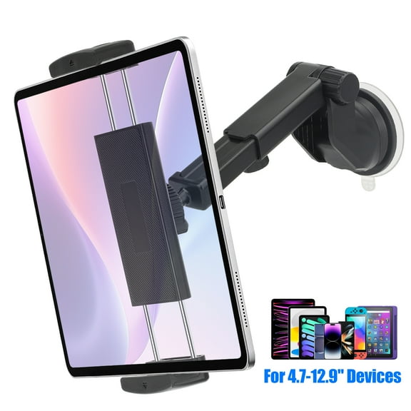 TSV Car Tablet Mount Holder for Windshield Dashboard, 360° Rotation Suction Cup Car Phone Cradle Stand Fit for 4.7-12.9" iPhone, iPad Mini Air, Samsung Galaxy Tab