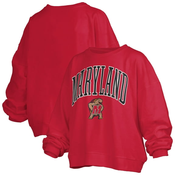 Women's Pressbox Red Maryland Terrapins Janise Arch Over Logo Waist Length Oversized Pullover Sweatshirt