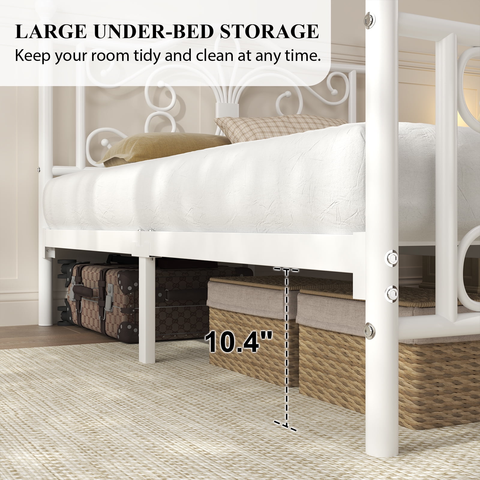 EBERY Full Size Metal Bed Frame with Butterfly Pattern Design Headboard & Footboard, Underbed Storage, White