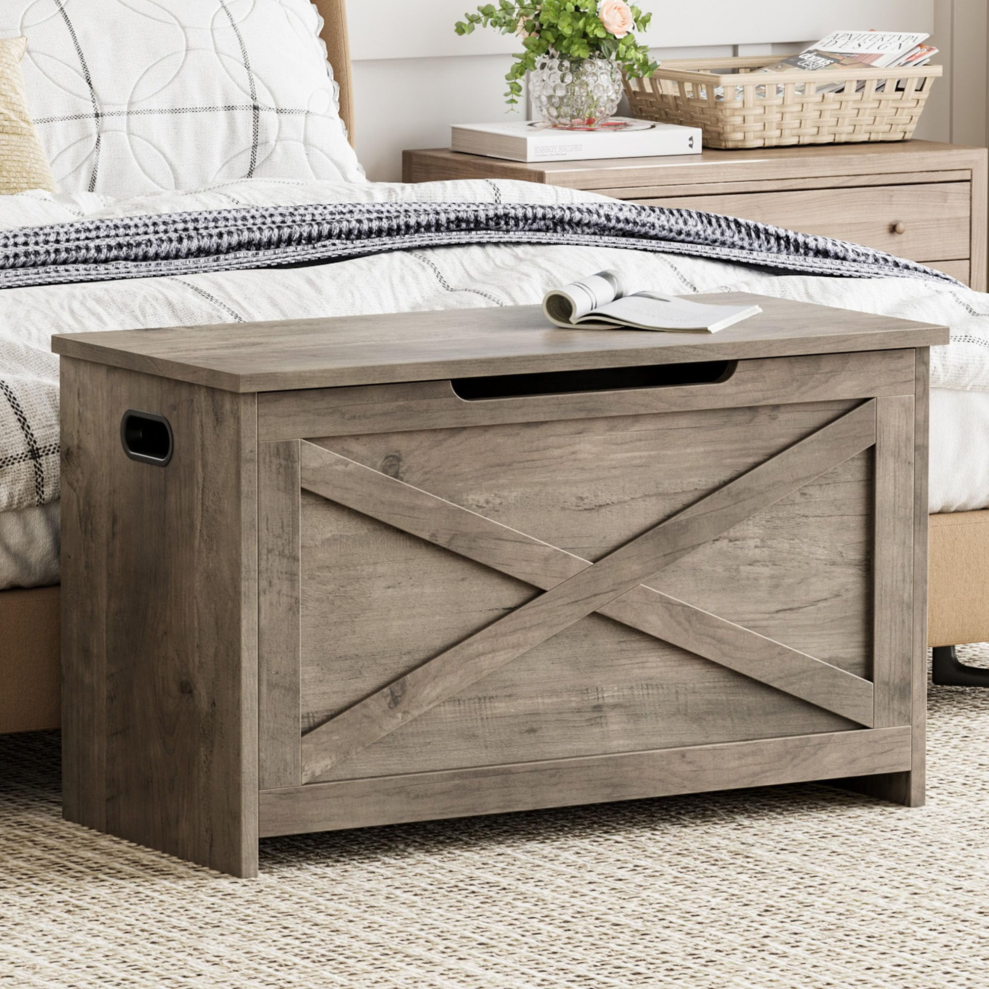 JoanKaren Wooden Storage Chest  with Safety Hinge ,30" x 15.78" x 17.7" Storage Bench&Large Toy Chest for Living Room,Bedroom,Entryway,Grey