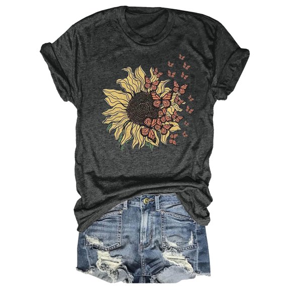 Graphic Tees for Women T-Shirts Summer Casual Printed Short Sleeve Crew Neck Tee for Women Design-Forward Everyday Wear Gray M