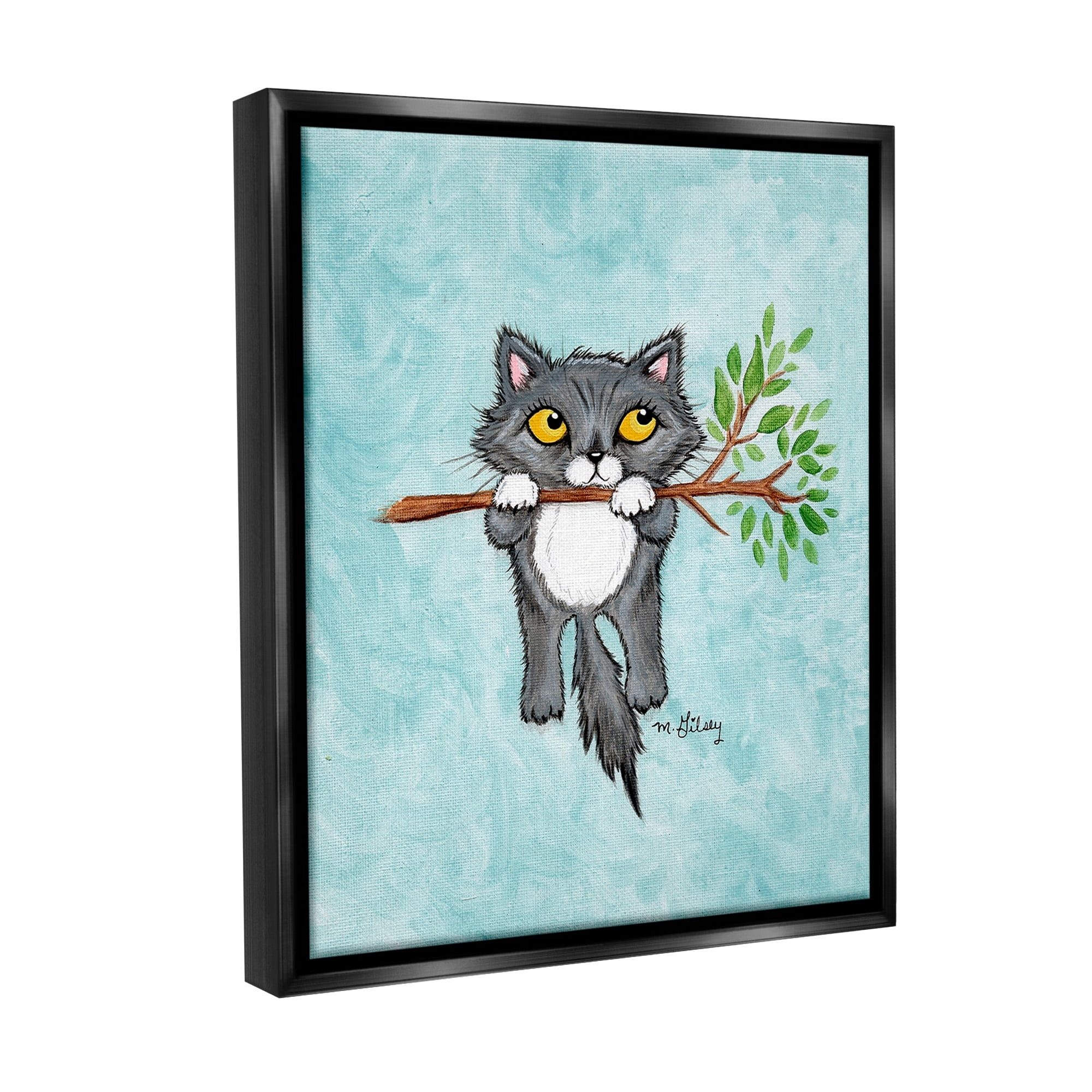 Stupell Industries Kitten Climbing Branch Animals & Insects Painting Black Floater Framed Canvas Art Print Wall Art, 17 x 21