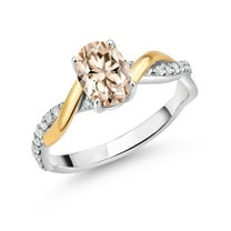 Gem Stone King 2 Tone 10K Yellow Gold and 925 Sterling Silver Morganite Peach and White Lab Grown Diamond Twisted Interwoven Ring for Women (0.76 Cttw, Available in Size 5,6,7,8,9)