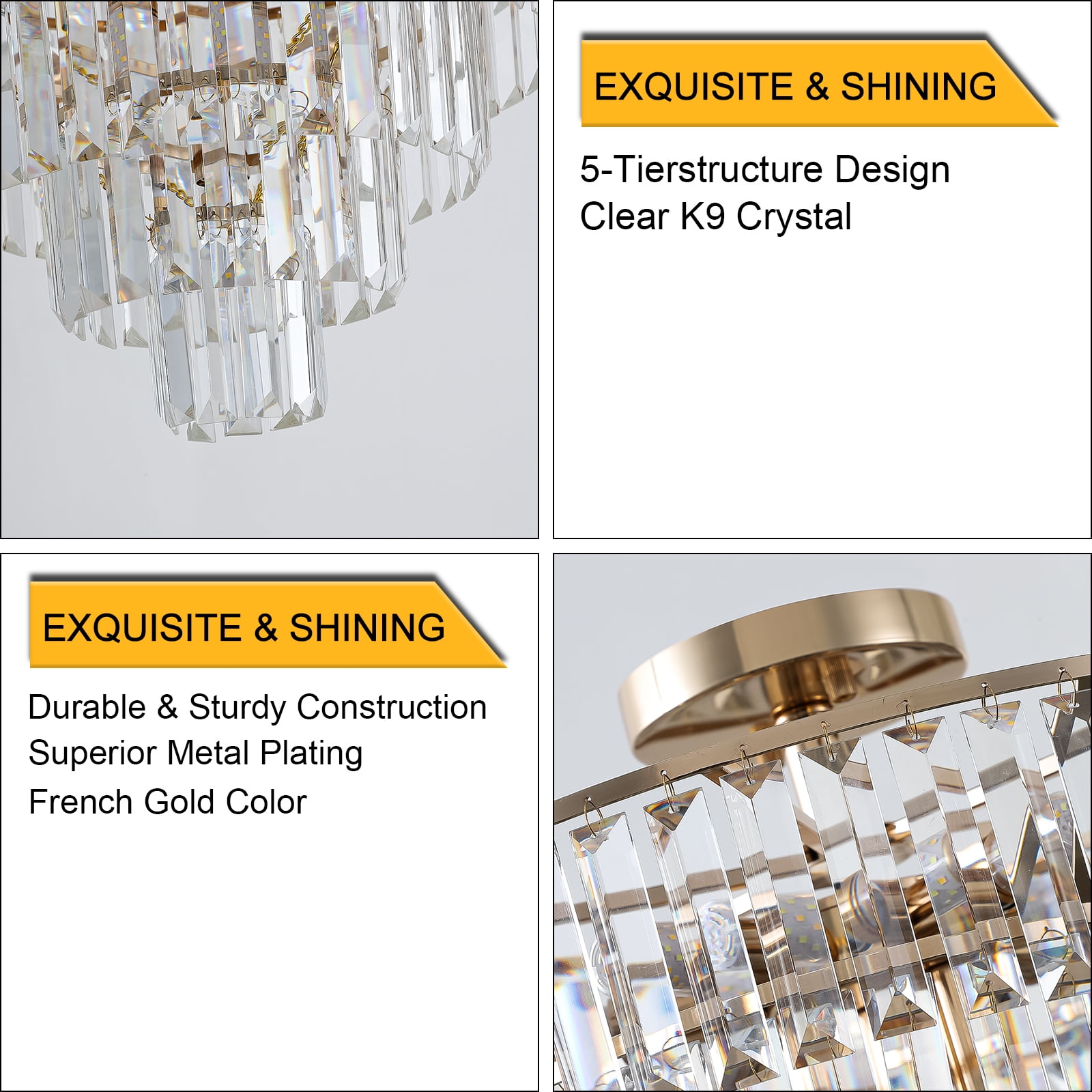 Large Contemporary Luxury Ceiling Lighting Gold Crystal Chandeliers,5-Tier 19.7in Round Semi Flush Mount Chandelier Light Fixture,for Living Room Dining Room Bedroom Hallway