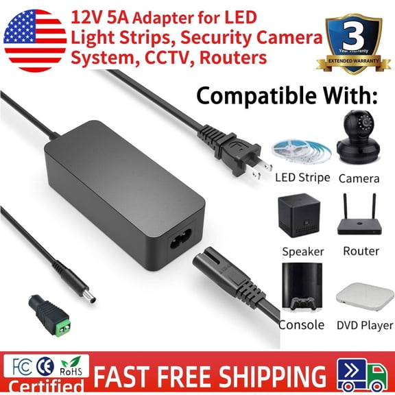 12V 5A Adapter for LED Light Strips, Security Camera System, CCTV, Routers