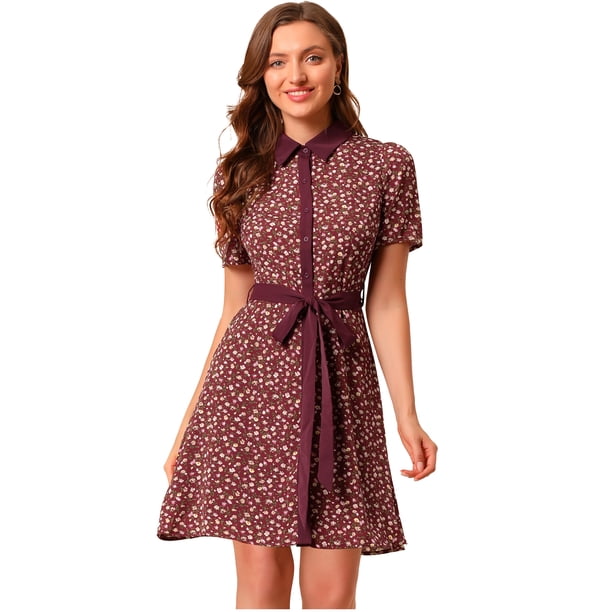 Vestido Camisero Floral Con Cinturón Y Cuello En Contraste De Manga Corta Para Mujer Rojo S