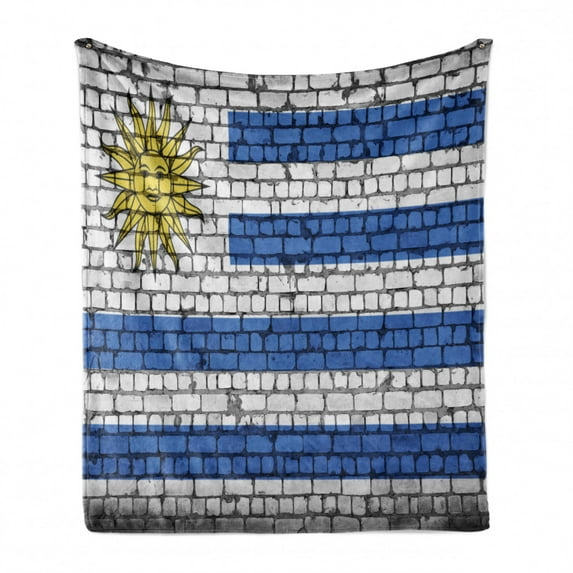Uruguay Soft Flannel Fleece Throw Blanket, Illustration of Country National Flag Painted on Brick Wall, Cozy Plush for Indoor and Outdoor Use, 50" x 60", Sea Blue Mustard, by Ambesonne