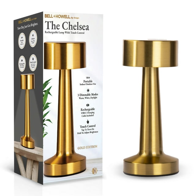 Bell + Howell Chelsea Petite Lampe de Table Sans Fil Tactile à DEL Rechargeable pour Table de Chevet Bureau Table de Nuit Or