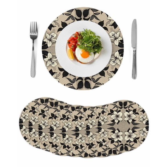 Black Floral Round 15 Inch Placemats Set of 8, Vintage Khaki Floral Retrp Plant Leaf HeatResistant Non Slip Place Mats for Dining Table, Wipeable Braided Kitchen Table Mats for Housewarming
