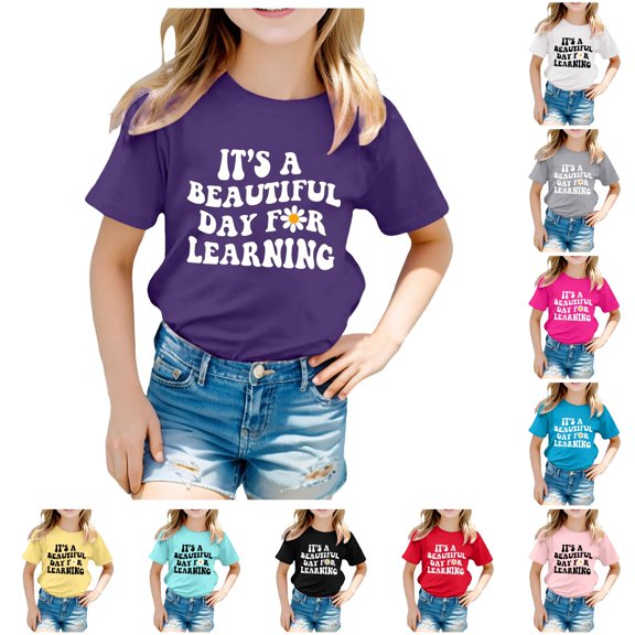 HCYSFG Girls Back To School T Shirts Beautiful Day For Learning Letter Graphic Crewneck Short Sleeve Classroom Graphic Tees School Tops