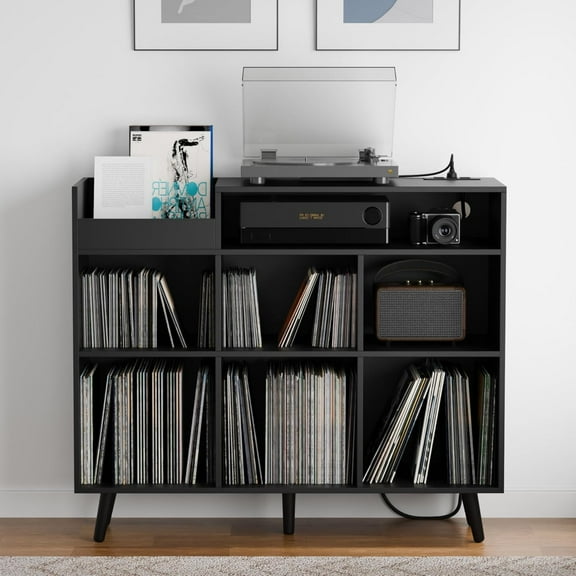 Cozy Castle Large Record Player Stand, Vinyl Storage Cabinet Mid Century Modern Turntable Stand Media Console Table Open Shelf Cube CD Album Holder Organizer for Living Room, Office