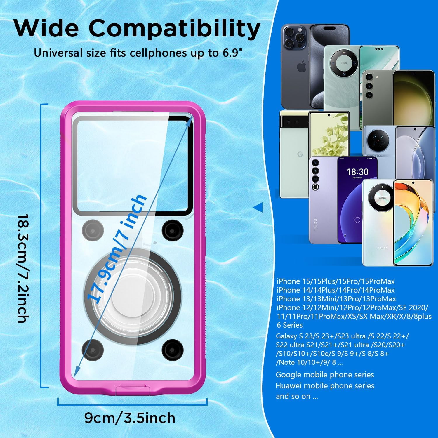 KOMI Waterproof Phone Case,Universal Self-Check Function Underwater Pouch Dry Bag Beach Travel Essentials Tech Gadgets for iPhone 15 14 13 11 12/Samsung S24/LG,Google/Xiaomi/Motorola_Pink
