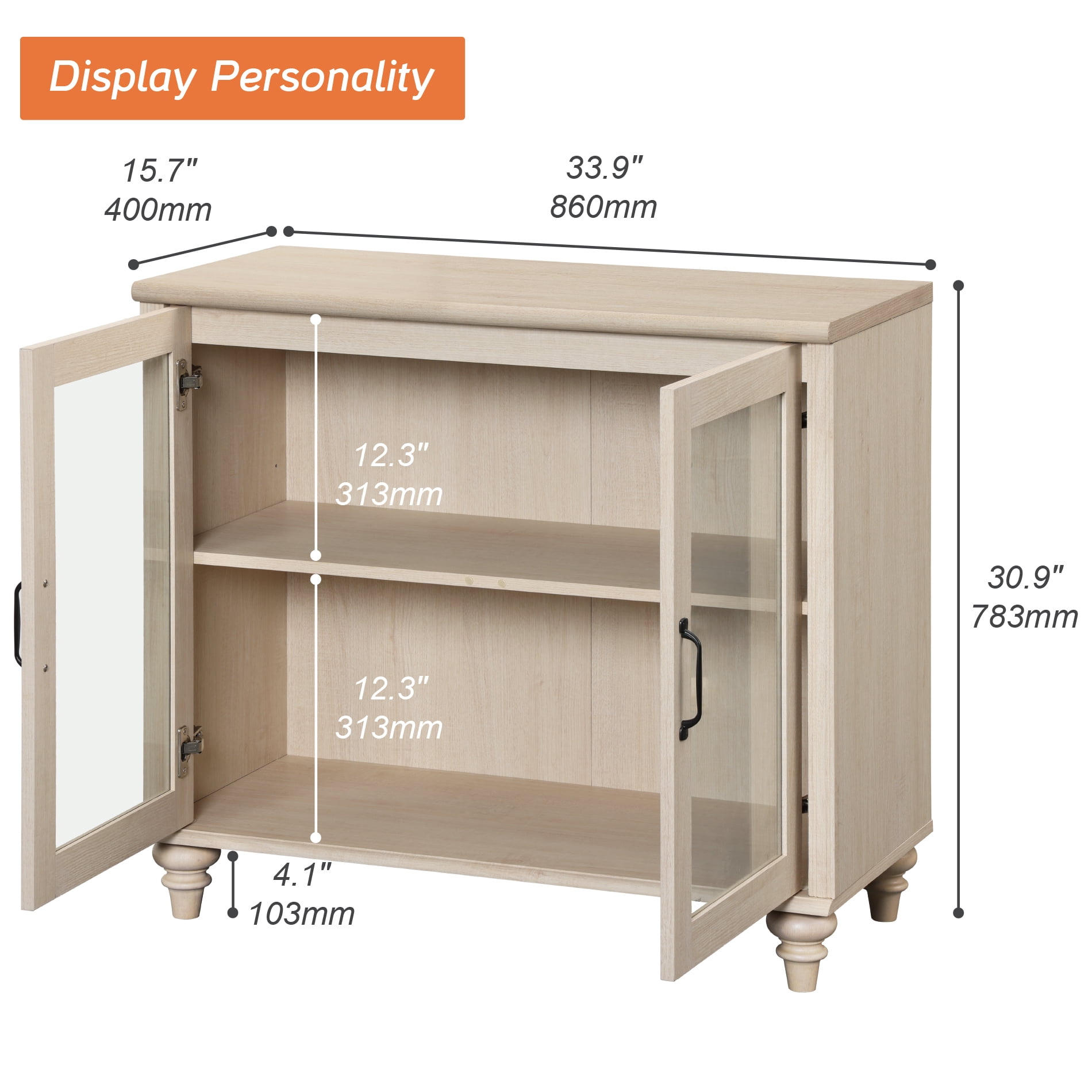 Light Beige Farmhouse TV Stand for 43 inch TV with 2 Glass Doors