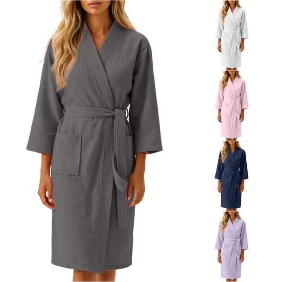 Krdevn Women's Waffle Weave Bath Robe, V‑Neck 3/4 Sleeve Solid Color Kimono Robe with Pockets for Spa Home Loungewear,Grey