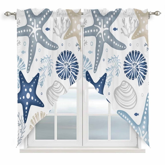 Blue Starfish Coastal Kitchen Window Curtains, Swag Curtains Valance for Bedroom Living Room Bathroom, Summer Beach Nautical Coral Sea Rod Pocket Window Curtain Block Drapes 2 Panels 28"x36"