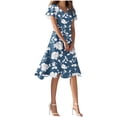 thumbnail image 2 of Smsaxvxz Women's Summer Dresses Fashion Floral Printed V Neck Short Sleeve Slim Waist Casual Flowy Hem Knee High Beach Vacation Sundress Navy M, 2 of 7