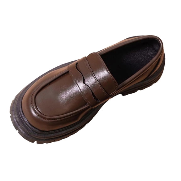 Gpaecead Women Vintage Thick Sole Loafers Solid Color Round Toe Square Chunky Heel Versatile Heightening Faux Leather Shoes, Brown