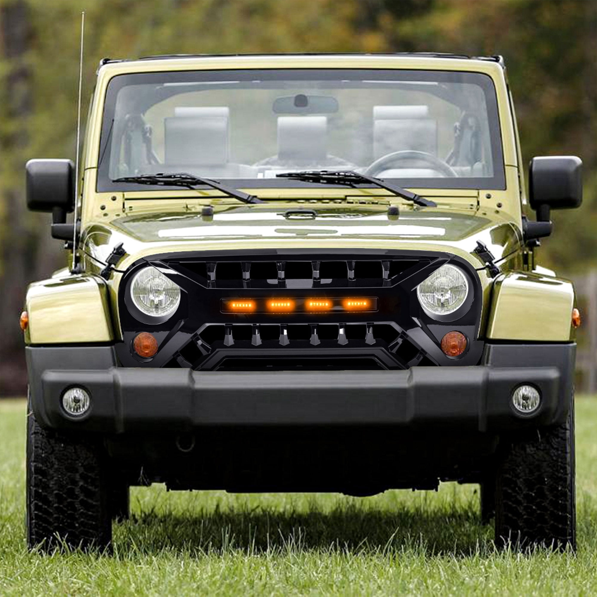 AMERICAN MODIFIED Grille 07-18 Jeep Wrangler JK w/ Amber LED, Glossy Black