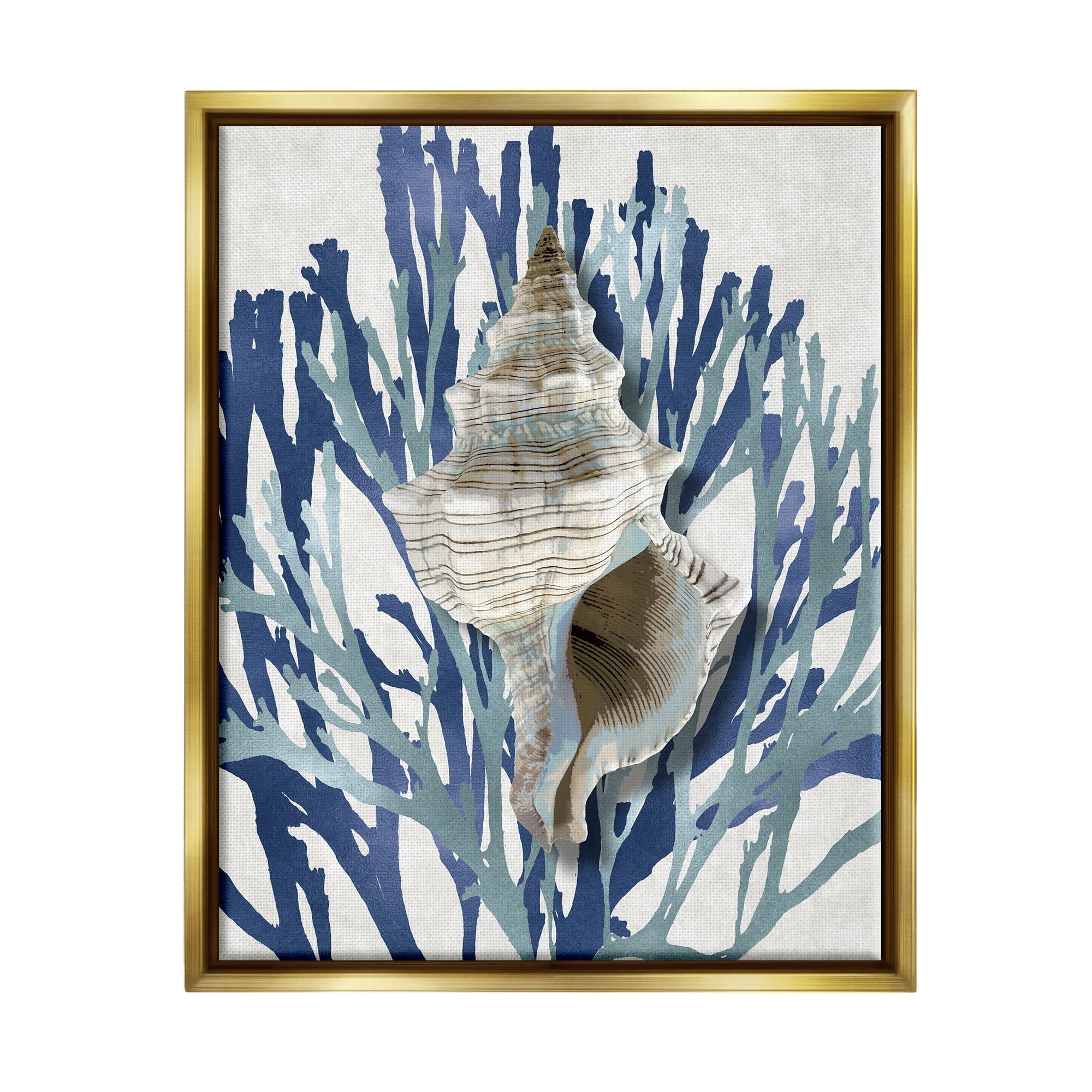 Stupell Industries Tower Shell Coral Blue Beach Design Metallic Gold Framed Floating Canvas Wall Art, 16x20, by Caroline Kelly